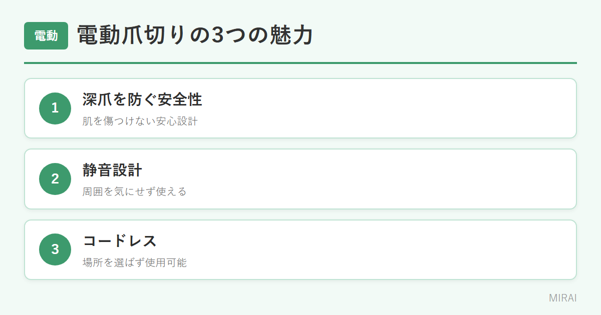 電動爪切りの魅力：深爪防止の安全性・静音設計・コードレス