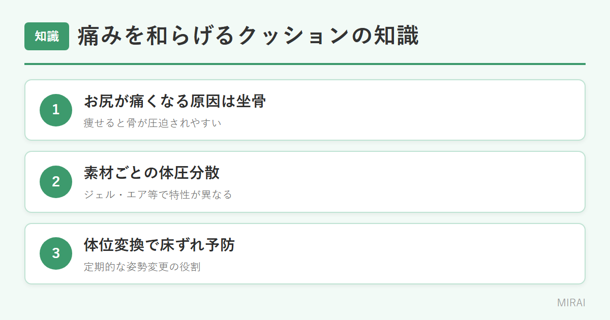 クッションの知識：坐骨の痛み・体圧分散素材・体位変換の役割