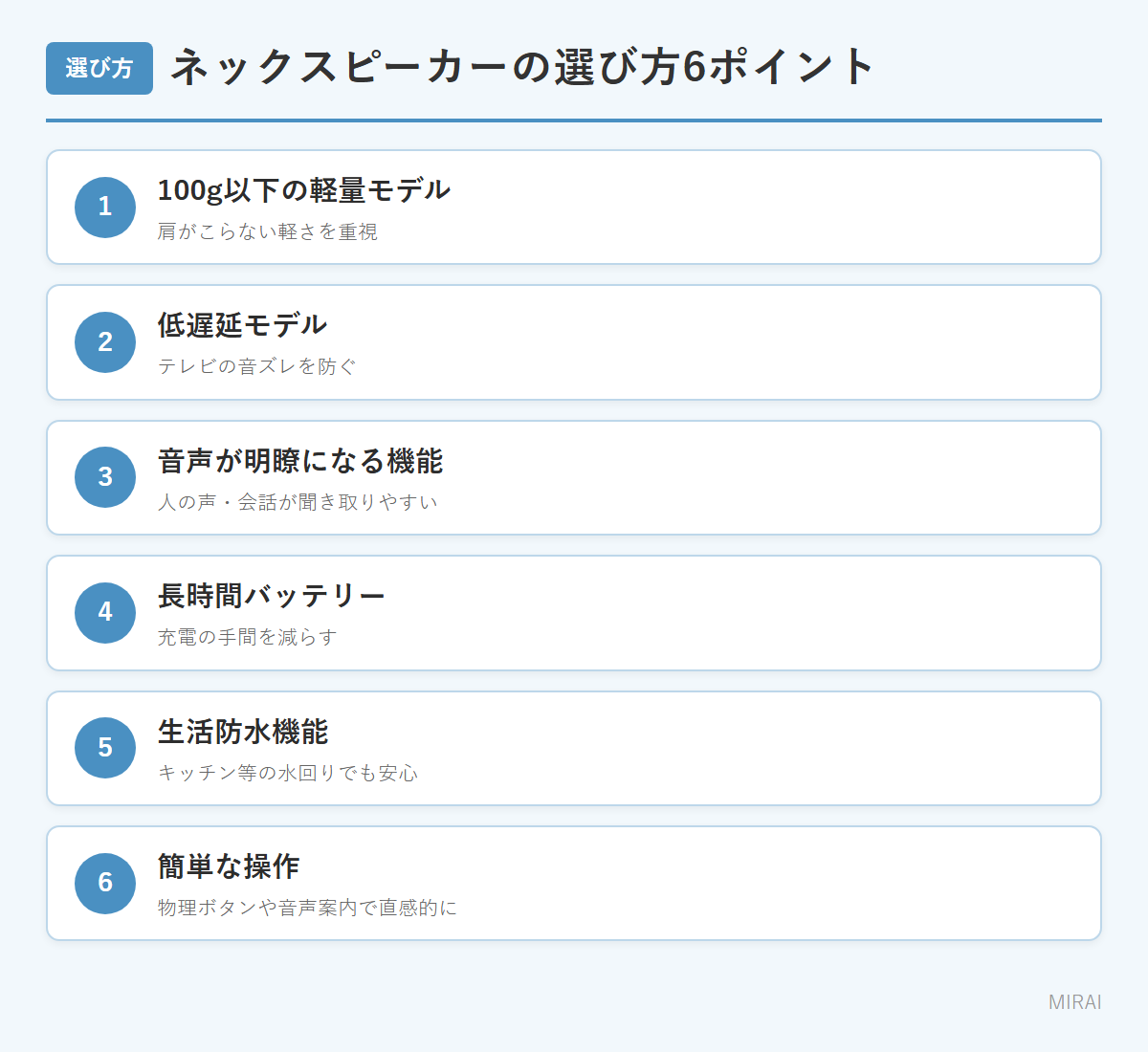 ネックスピーカーの選び方:軽量・低遅延・音声明瞭・長時間バッテリー・防水・簡単操作
