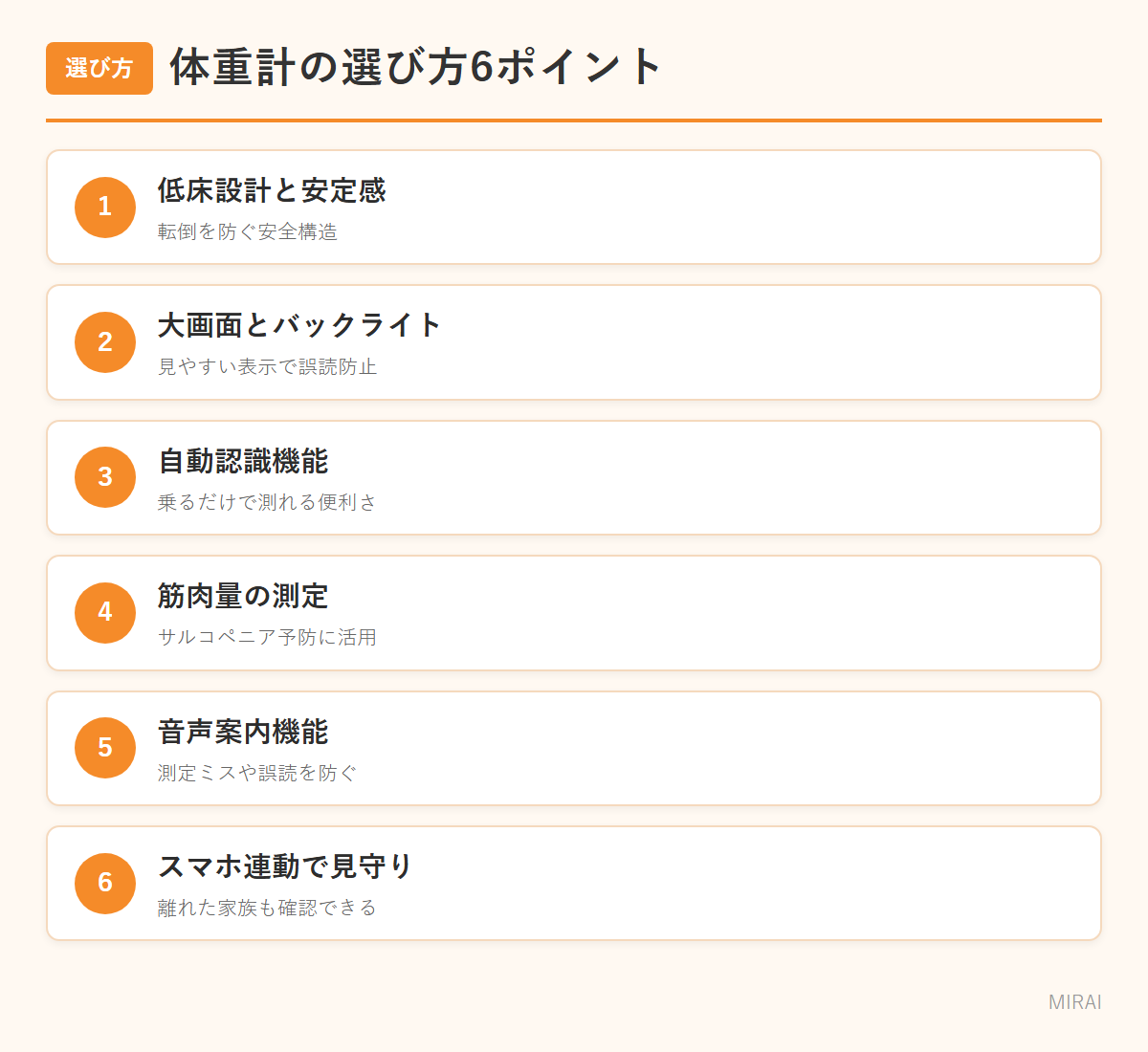 高齢者向け体重計の選び方：低床設計・大画面・自動認識・筋肉量測定・音声案内・スマホ連動