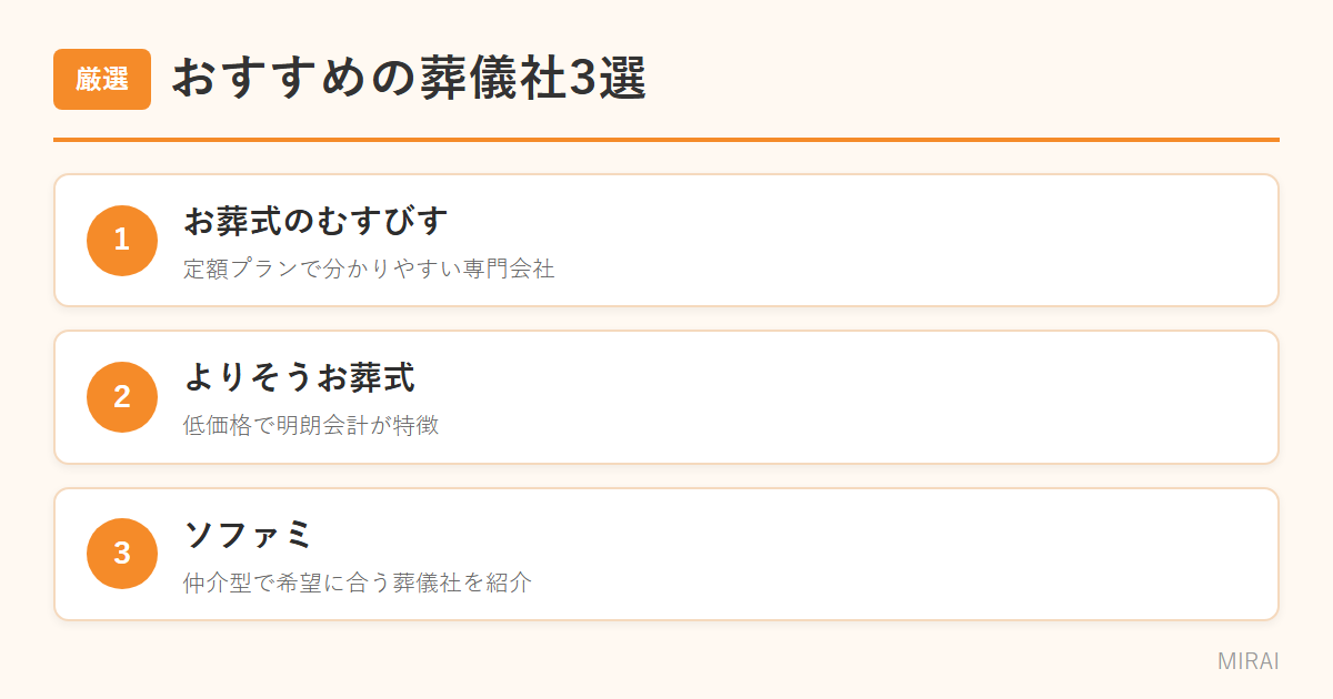 おすすめ葬儀社3選:お葬式のむすびす・よりそうお葬式・ソファミ