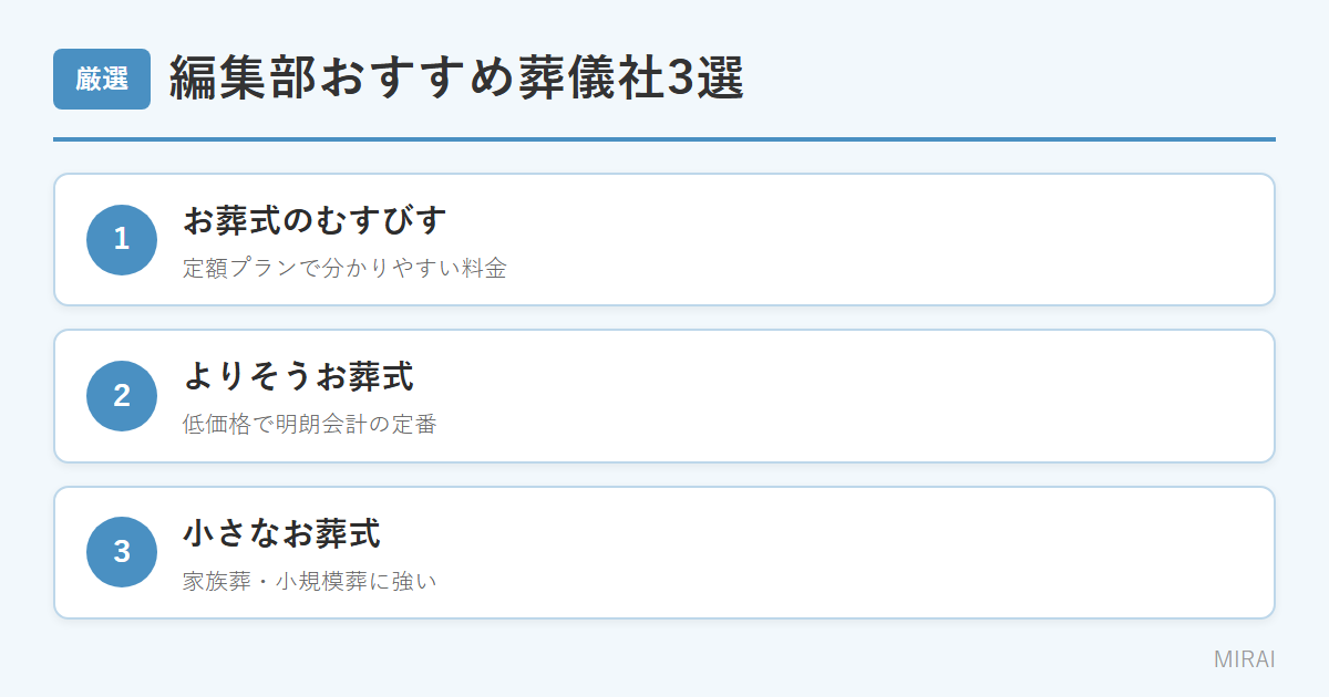おすすめ葬儀社3選:お葬式のむすびす・よりそうお葬式・小さなお葬式