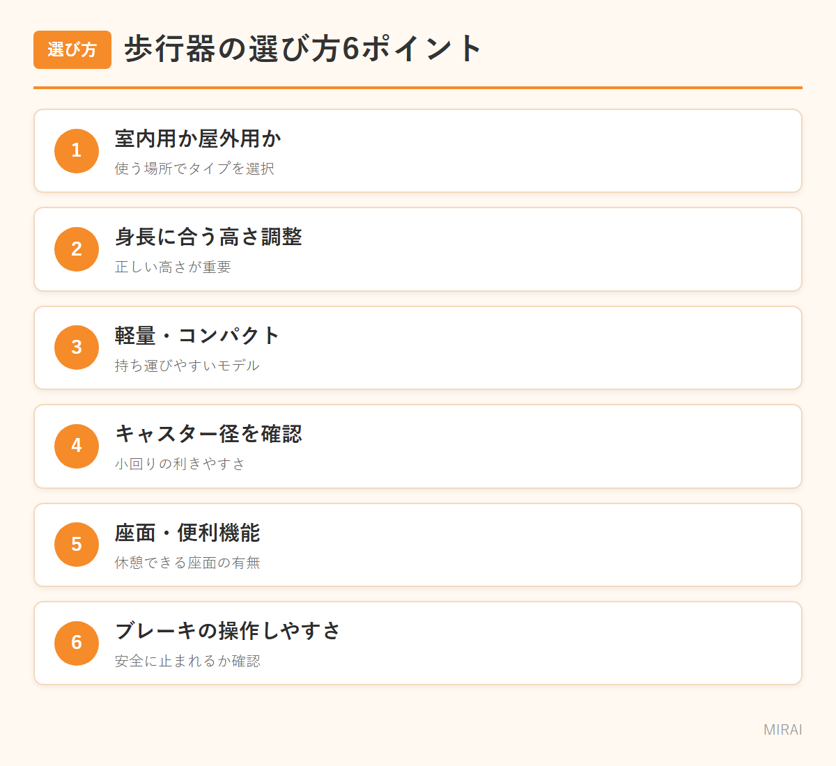 歩行器の選び方：使用場所・高さ調整・軽量性・キャスター・座面・ブレーキ